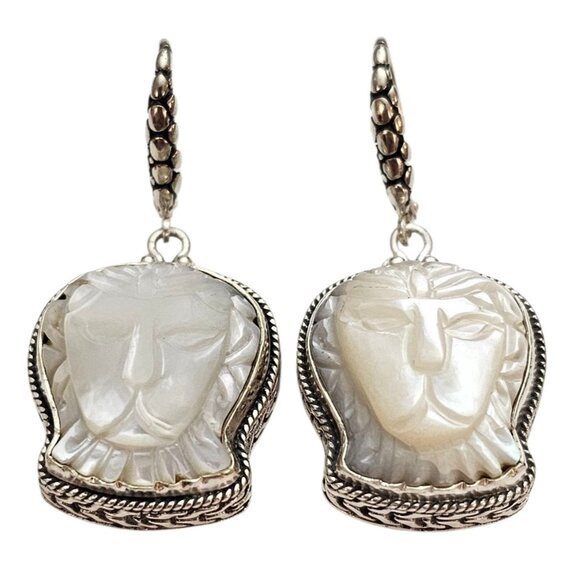 Sarda Sterling Silver Mother-of-Pearl Carved Lion Lever Back Earrings, Signed - Picture 2 of 10